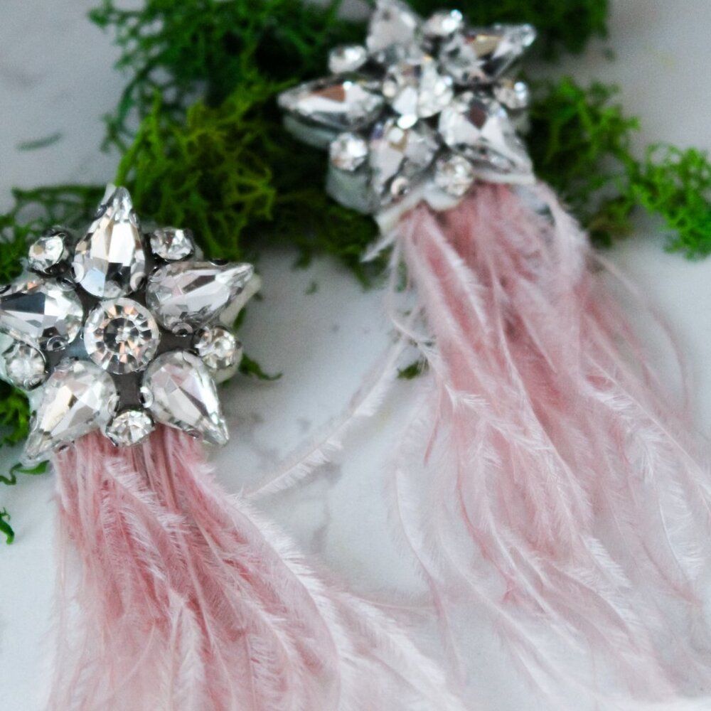 Handmade statement earrings crystals and feather gray and pink